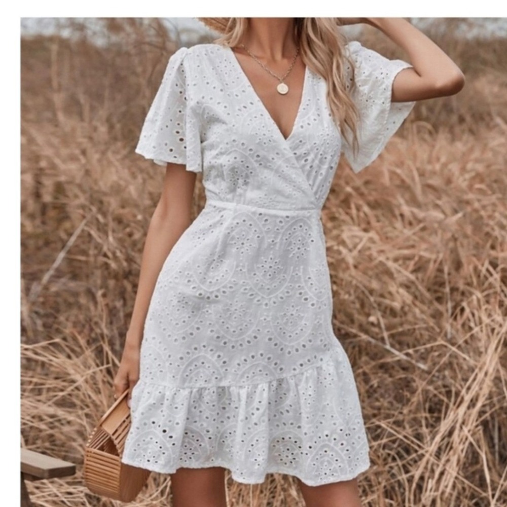 Japna White Cotton Eyelet Wrap Mini Dress Short Flutter Sleeve Ruffle Hem Small